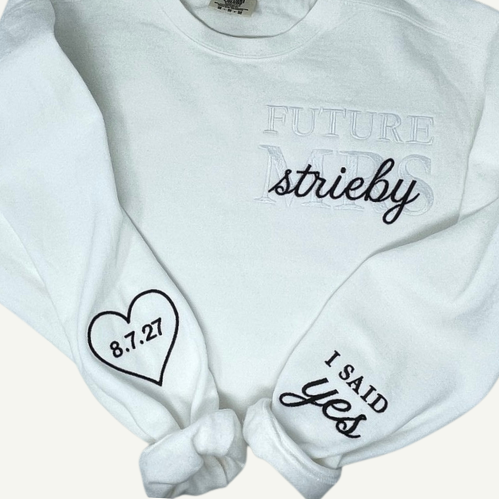 Personalized Future MRS white sweatshirt with date on sleeve